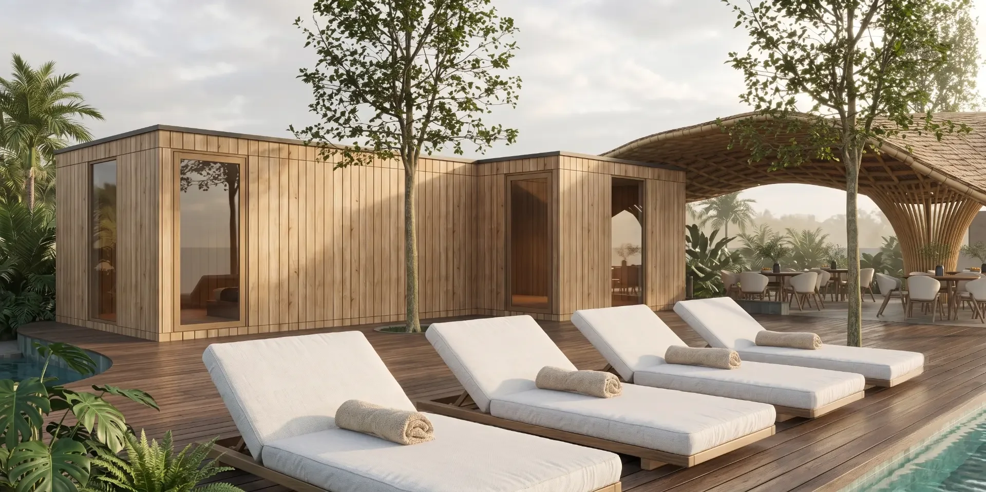 Resort K wellness pavilion with timber sauna cabins, loungers and towels beside the pool deck