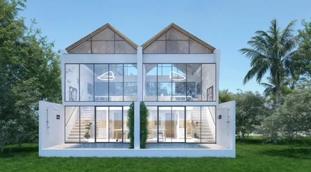 Nova 1BR at Nesara Bay City Lombok — Full-height glass under a clean gable