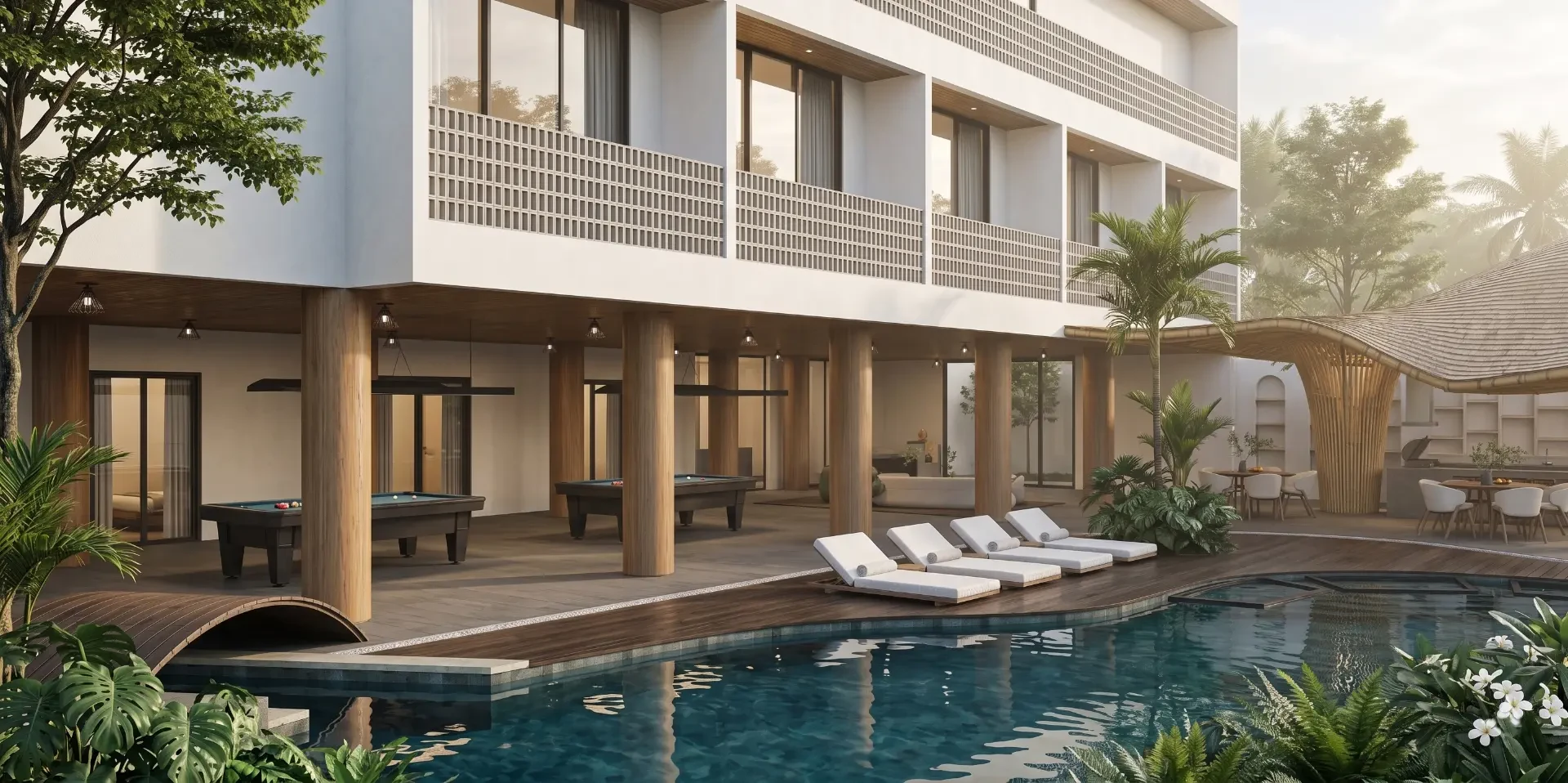 Resort K pool and sun deck with timber colonnade, loungers and tropical planting