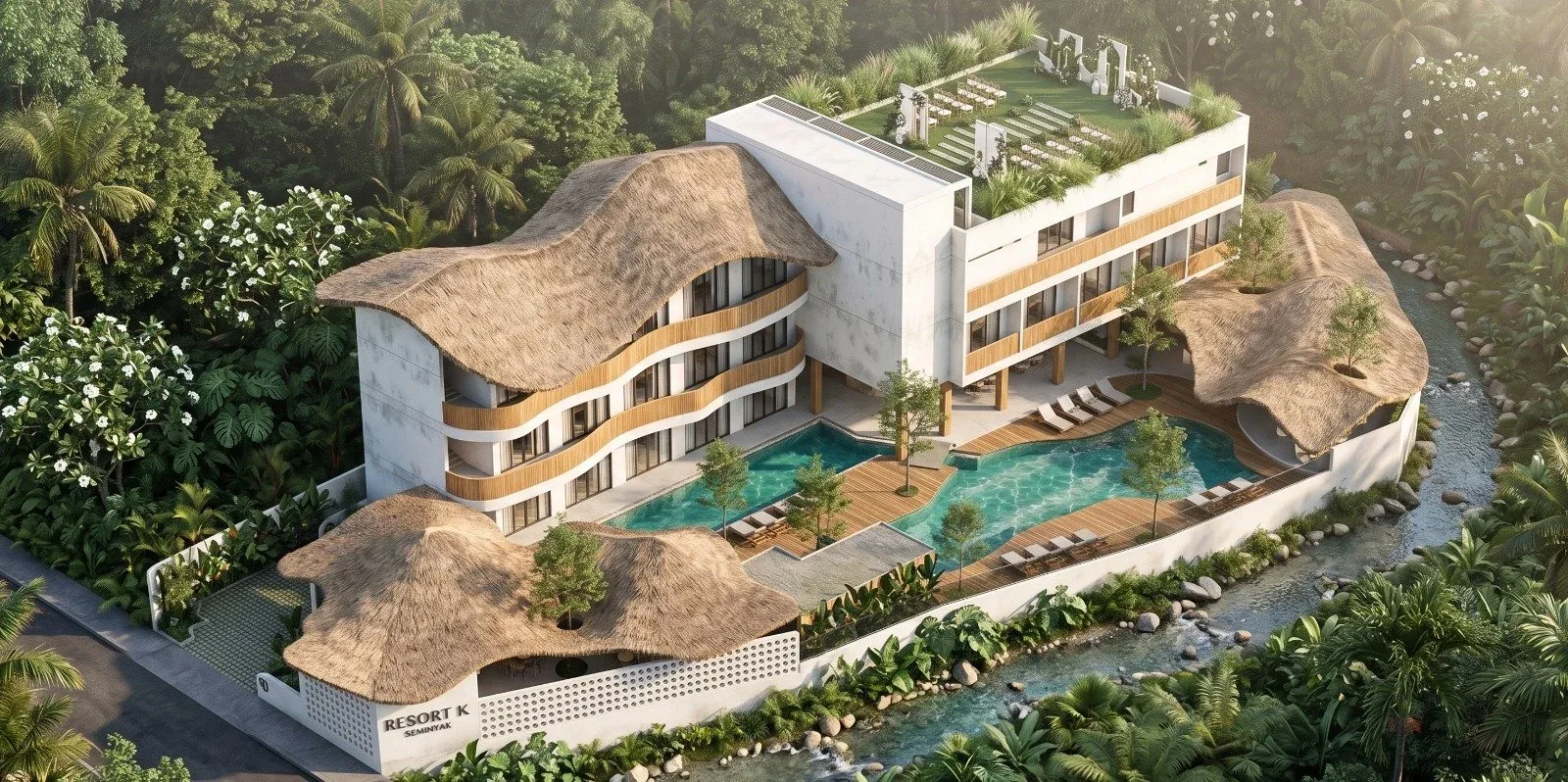 Aerial view of the Resort K masterplan, pools and thatched pavilions