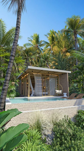 Mandala 1BR at Nesara Bay City Lombok — Warm timber, deep shade