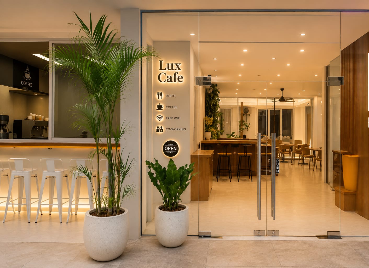 Lux Cafe and co-working space entrance in Seminyak at night