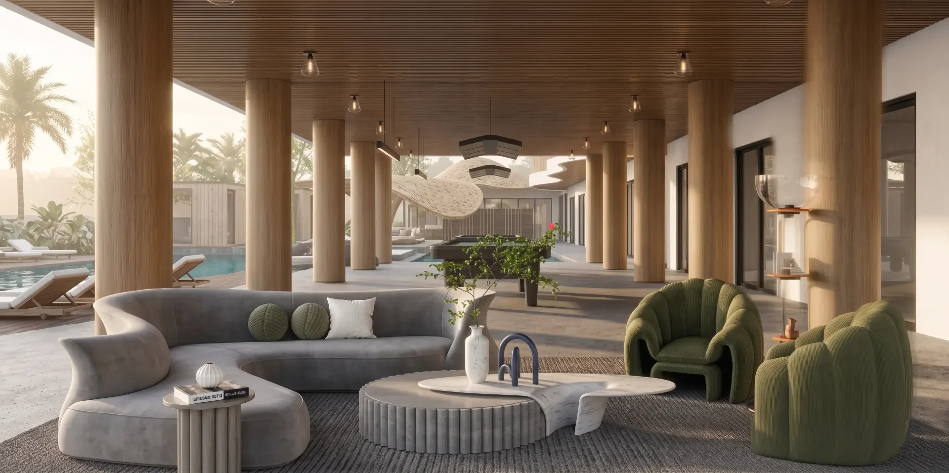 Resort K open-air dining and social lounge with sculptural furniture beside the pool