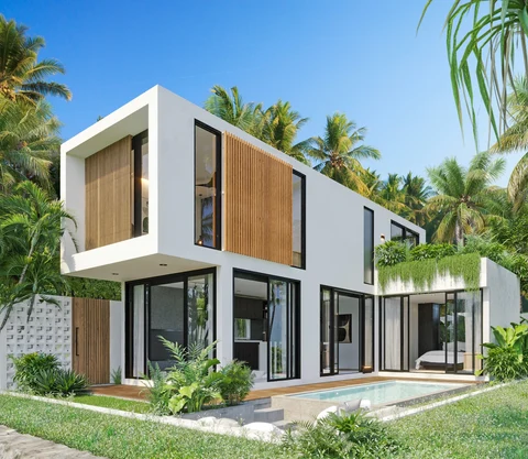 Moderna Oak 2BR at Nesara Bay City Lombok — White planes and oak screening